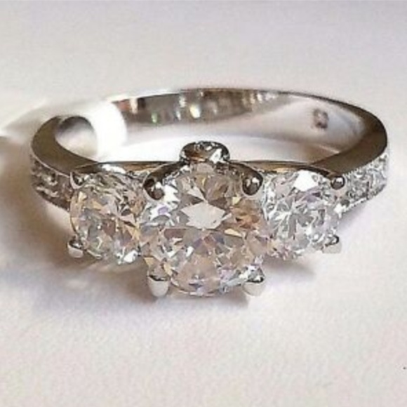 Silver Deco Engagement Ring Size 9 10 Rhodium Plated Solitaire Cubic Zirconia - Picture 1 of 8